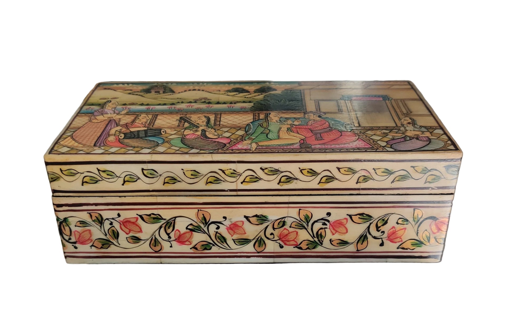 Mughal miniature hand-painted bone and wood keepsake box with musicians court scene, 8x4x3 inch, handcrafted in India