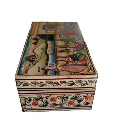 Floral vine band detail on hand-painted Mughal miniature bone and wood box