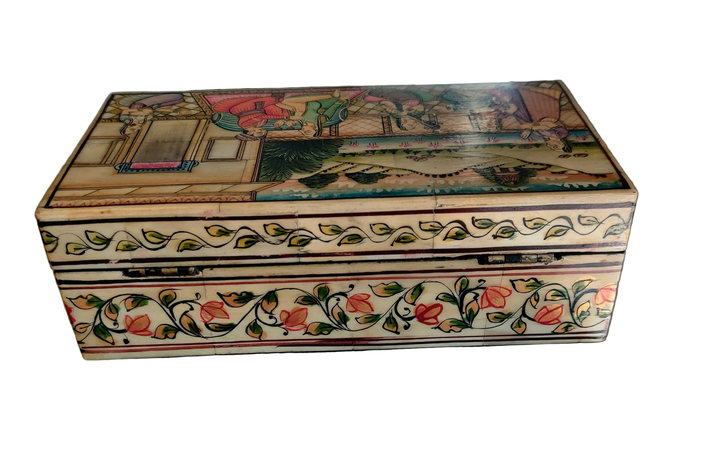 Leaf border detail beneath lid of hand-painted Mughal miniature bone and wood keepsake box