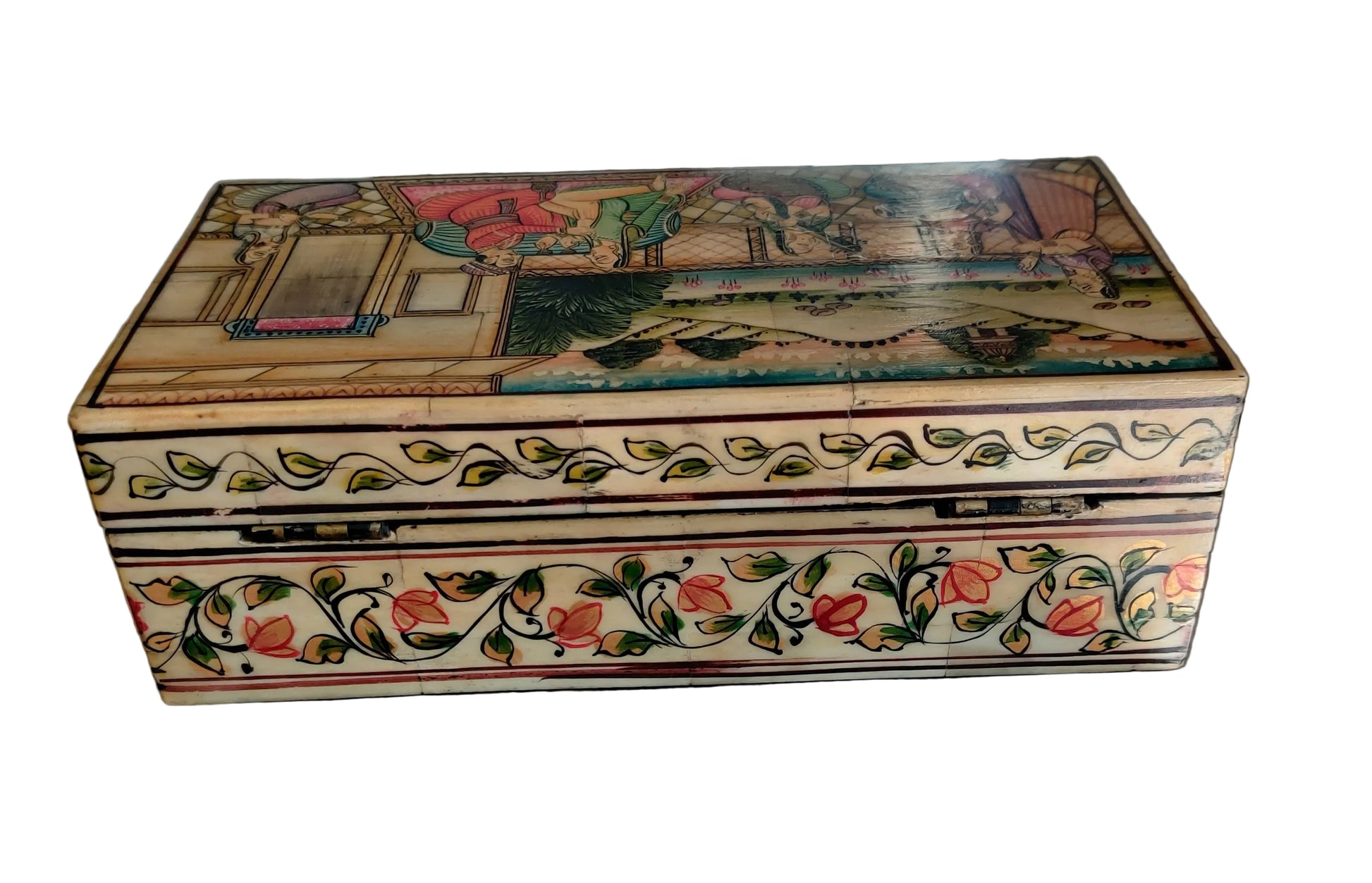 Leaf border detail beneath lid of hand-painted Mughal miniature bone and wood keepsake box