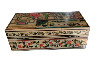 Leaf border detail beneath lid of hand-painted Mughal miniature bone and wood keepsake box