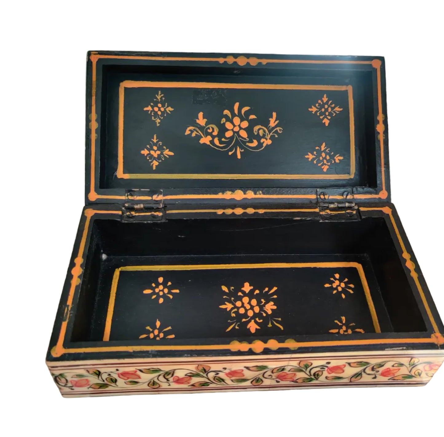 Open panel of hand-painted Mughal miniature bone and wood box with floral vine decoration