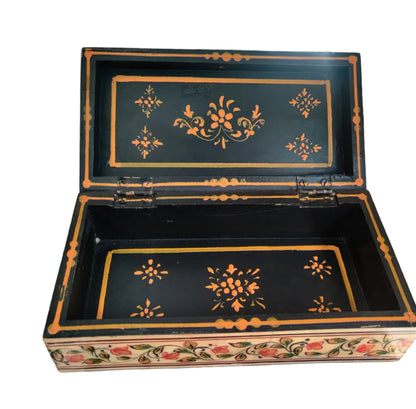Open panel of hand-painted Mughal miniature bone and wood box with floral vine decoration