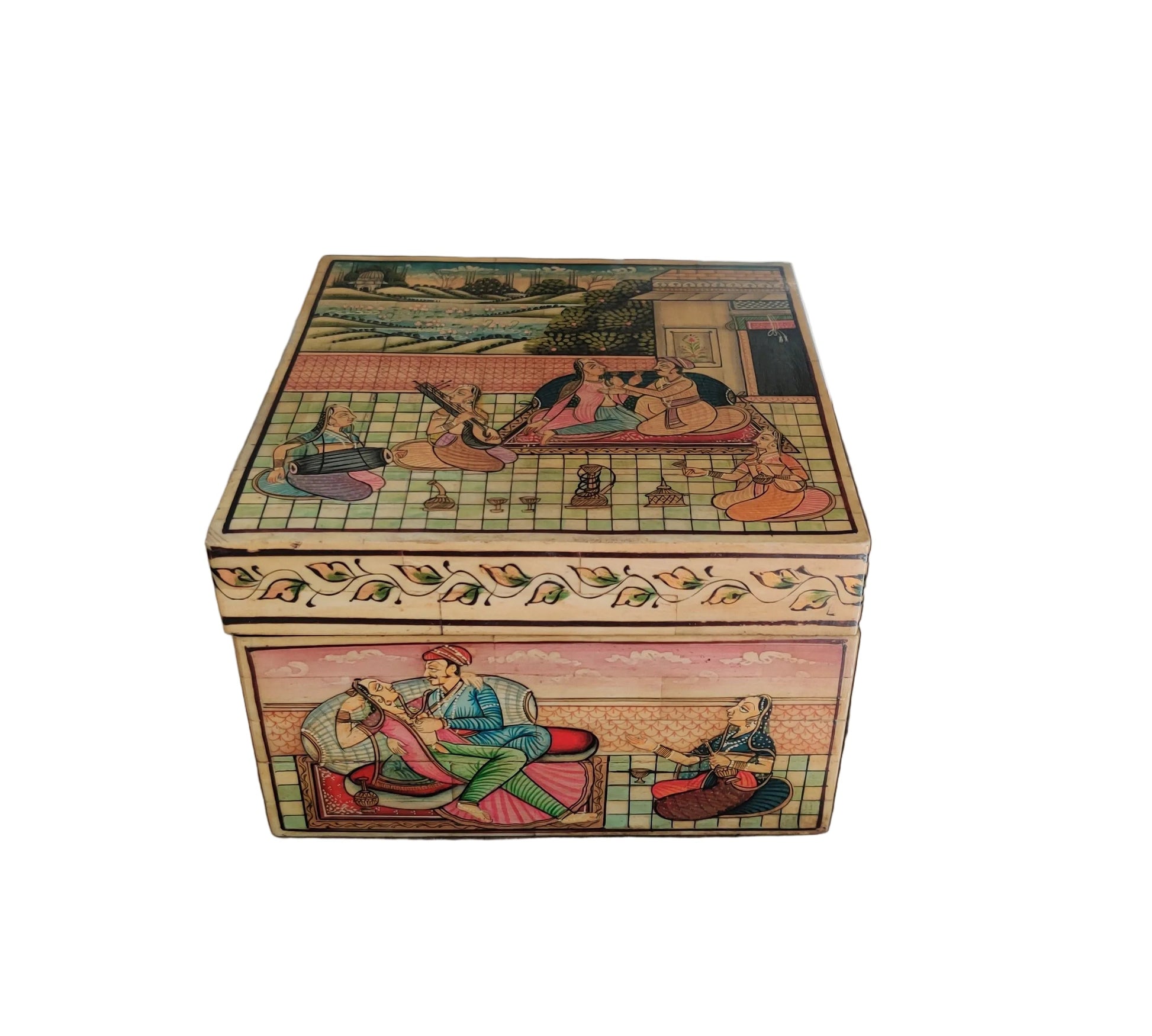 Mughal miniature hand-painted bone and wood keepsake box, 6x6x4 inch, handcrafted in India