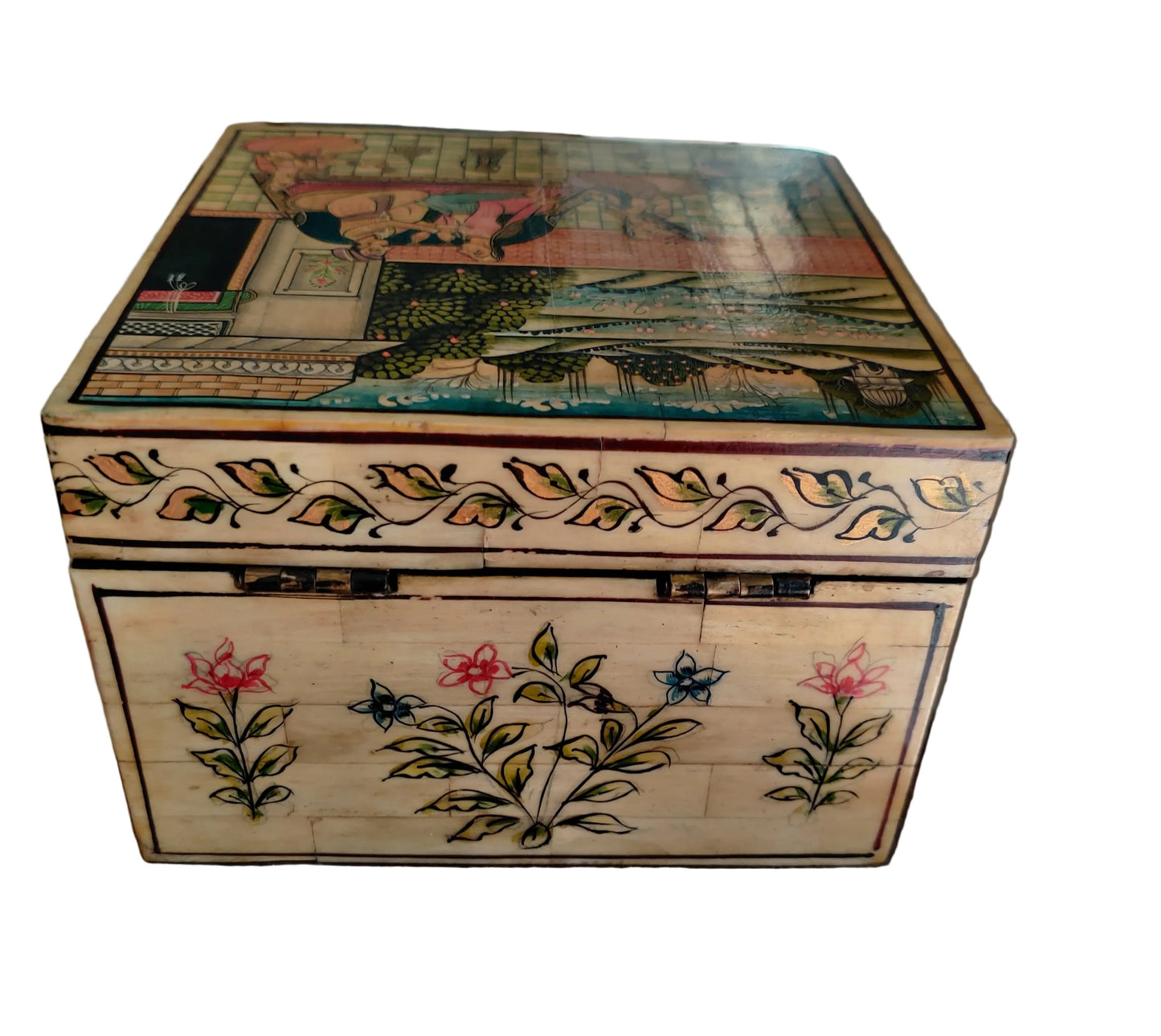 Floral vine border detail on hand-painted Mughal miniature bone and wood box