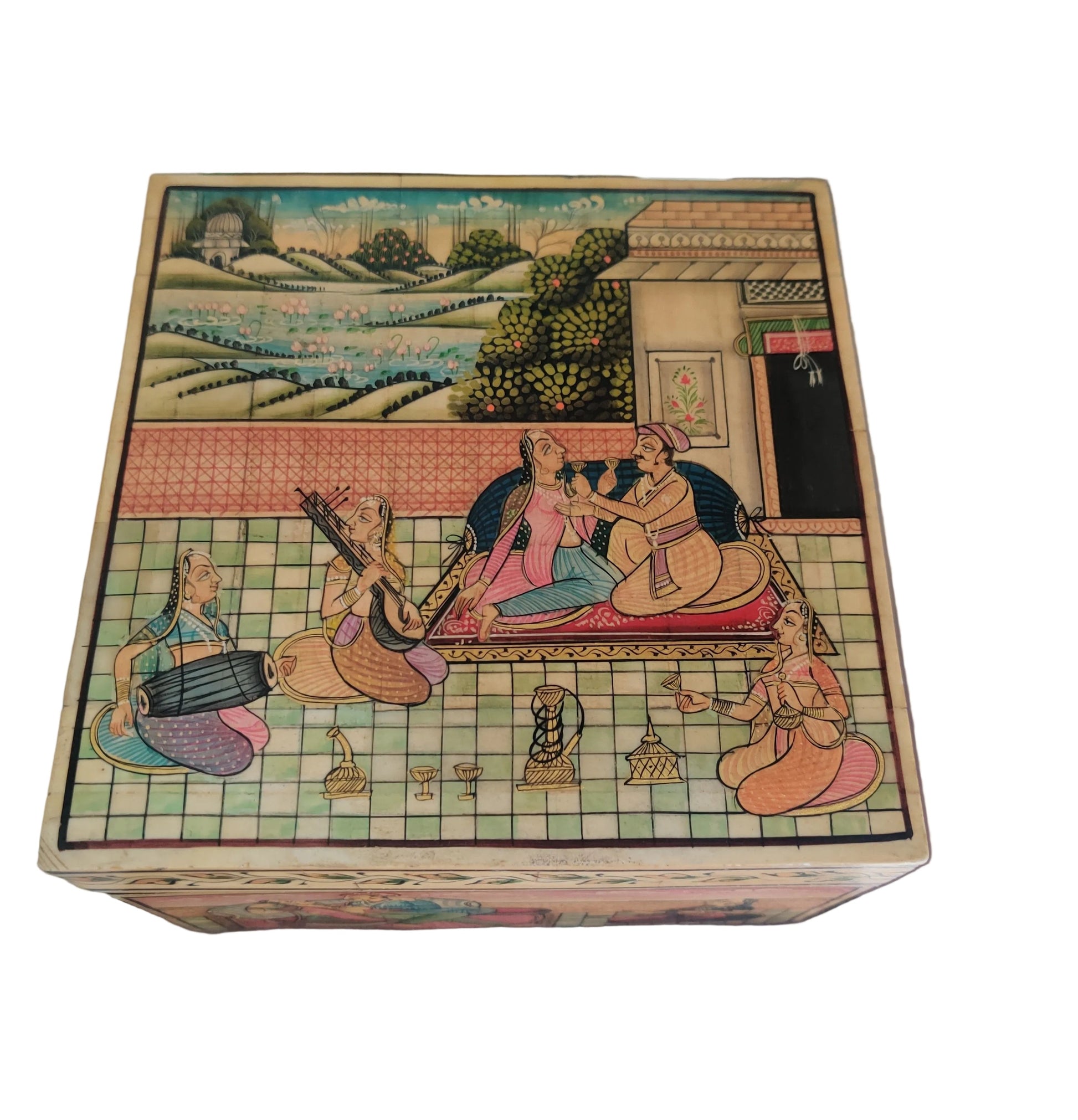 Lid of Mughal miniature bone and wood box showing hand-painted Mughal court scene