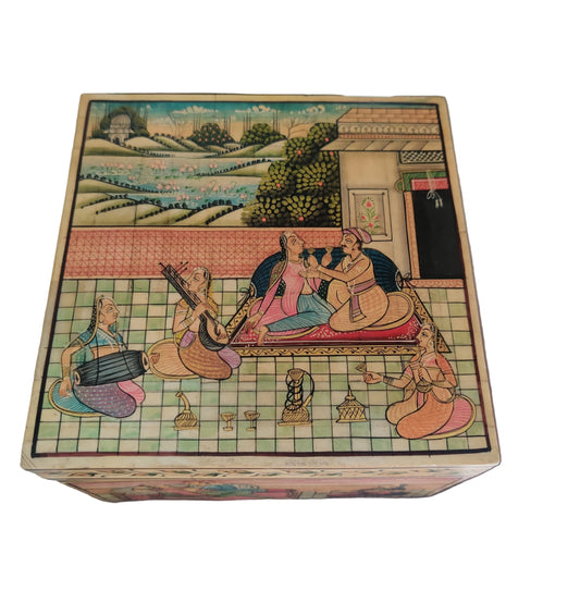 Lid of Mughal miniature bone and wood box showing hand-painted Mughal court scene