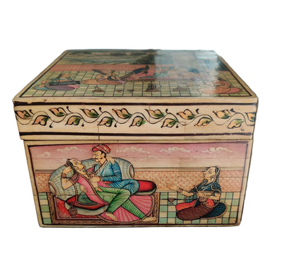 Side panel of hand-painted bone wood box showing Mughal nobleman and noblewoman