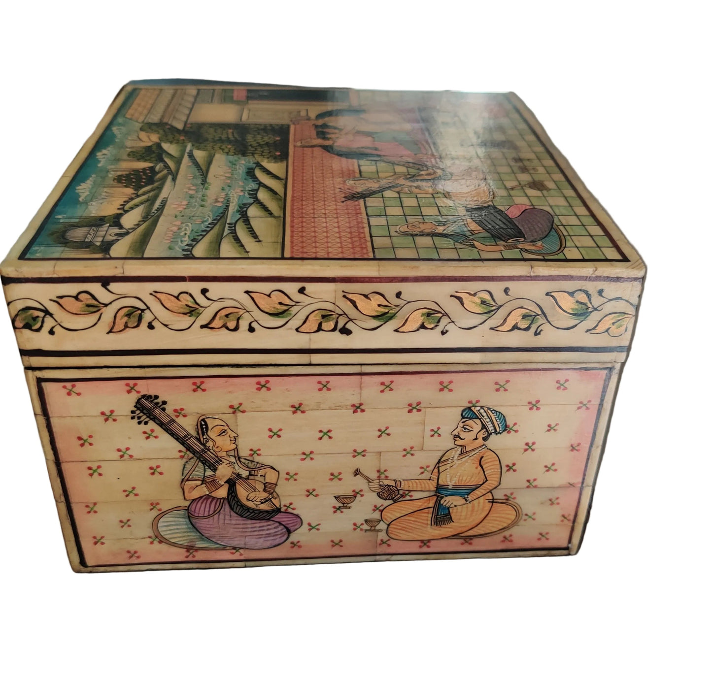 Second side panel of Mughal miniature bone and wood box with court figures and cross pattern background