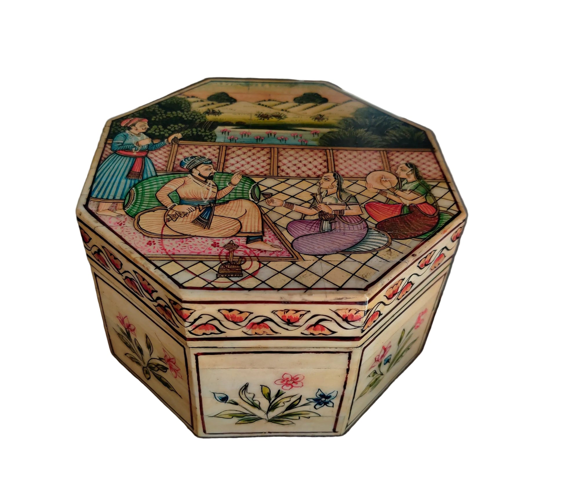 Mughal miniature hand-painted octagonal bone and wood keepsake box, 6x6x3.75 inch, handcrafted in India