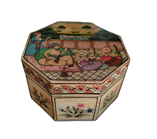 Mughal miniature hand-painted octagonal bone and wood keepsake box, 6x6x3.75 inch, handcrafted in India