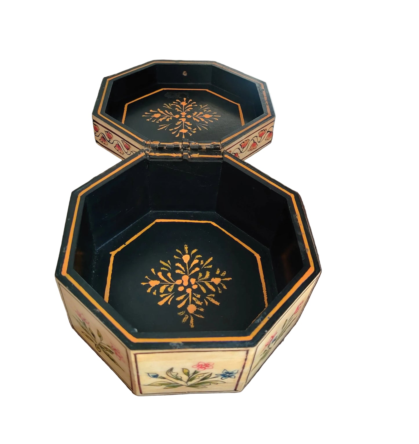 Angled view of Mughal miniature hand-painted octagonal bone and wood keepsake box, 6x6x3.75 inch