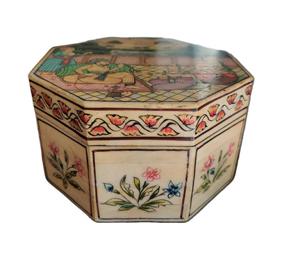 Lid of octagonal bone and wood box showing hand-painted Mughal court scene with nobleman and attendants