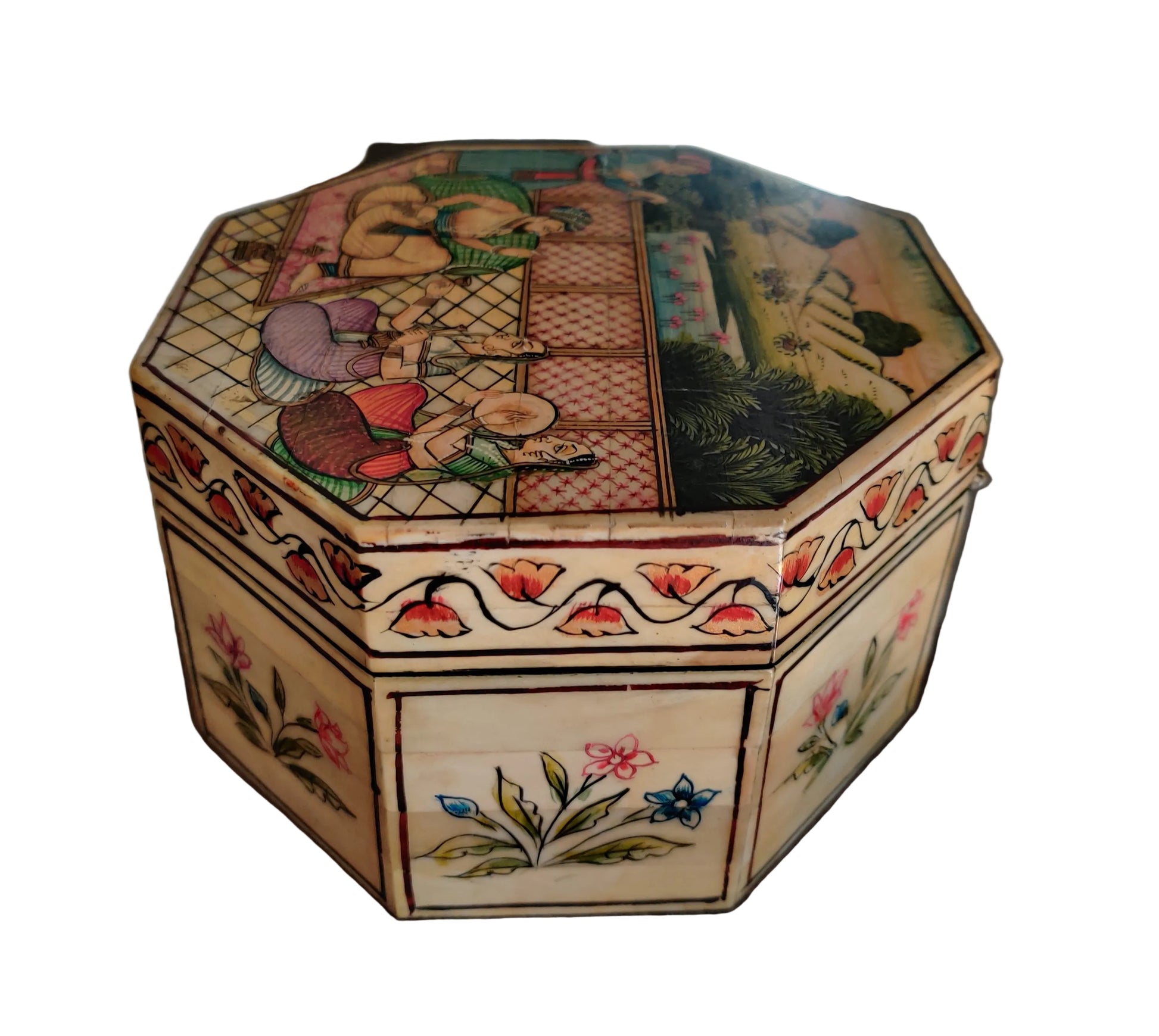 Lotus border detail on hand-painted octagonal Mughal miniature bone and wood box6