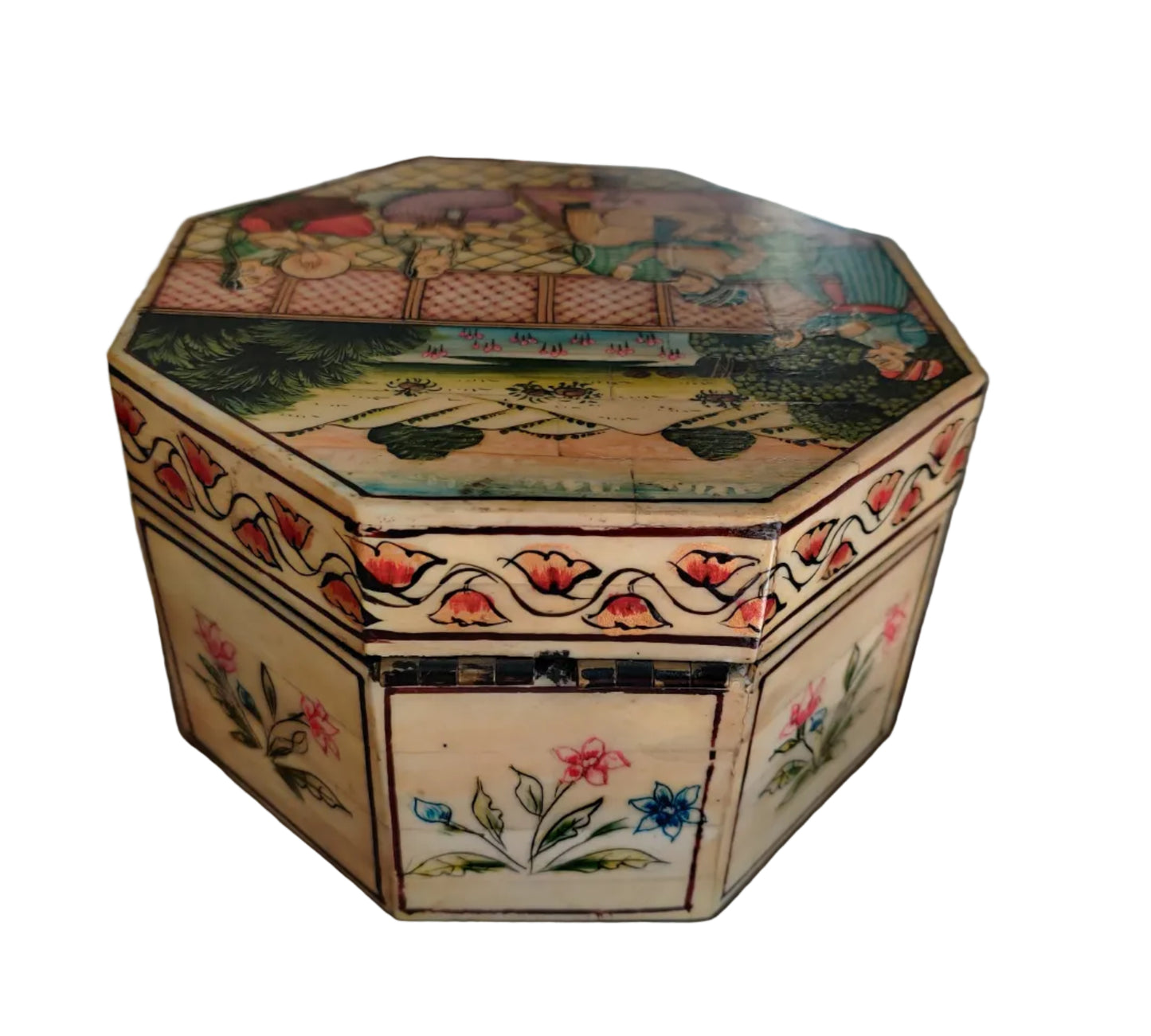 Second side panel of octagonal Mughal miniature bone and wood box with floral painting