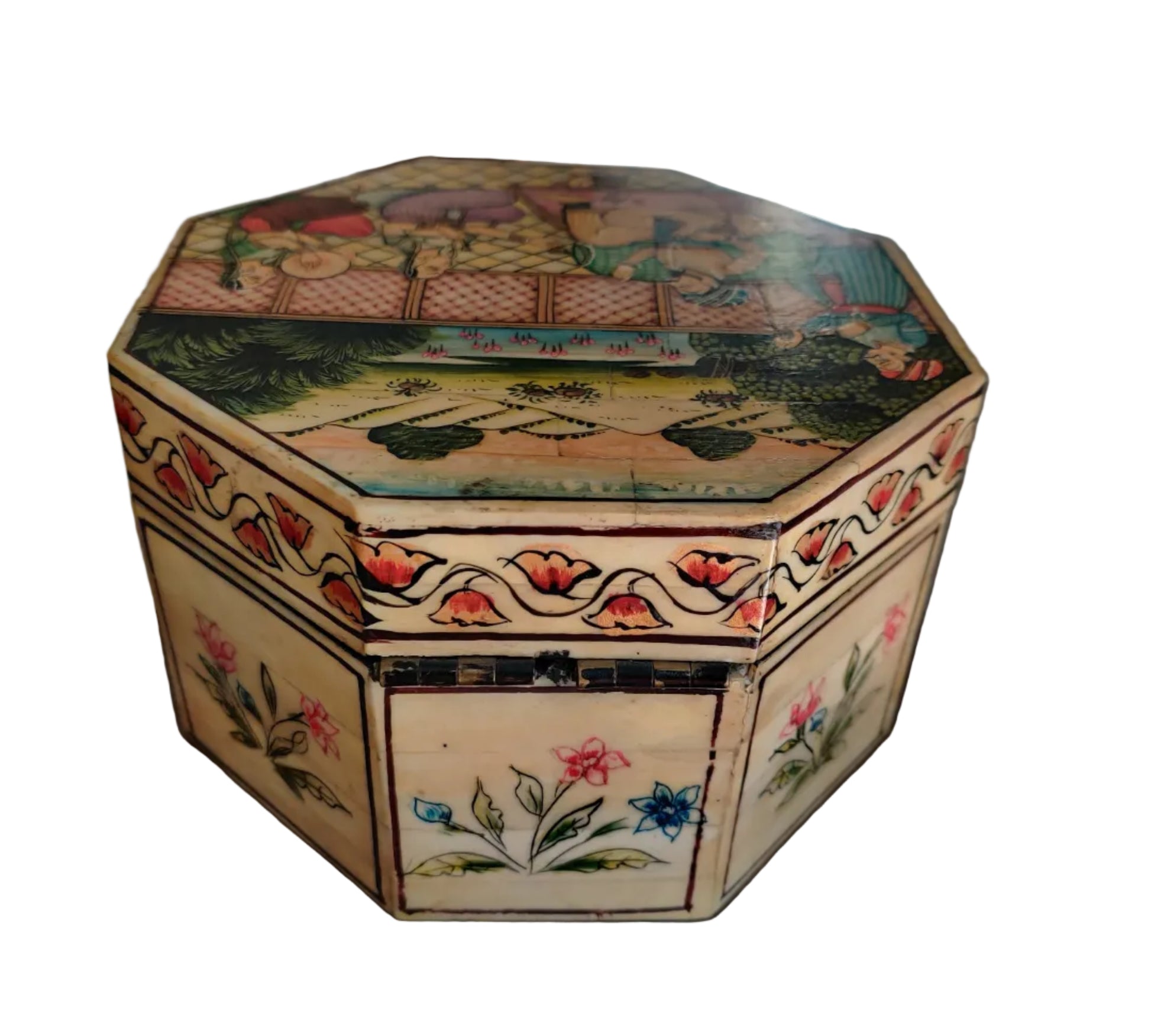 Second side panel of octagonal Mughal miniature bone and wood box with floral painting