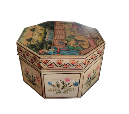 Side panel of octagonal Mughal miniature bone and wood box with hand-painted floral motif