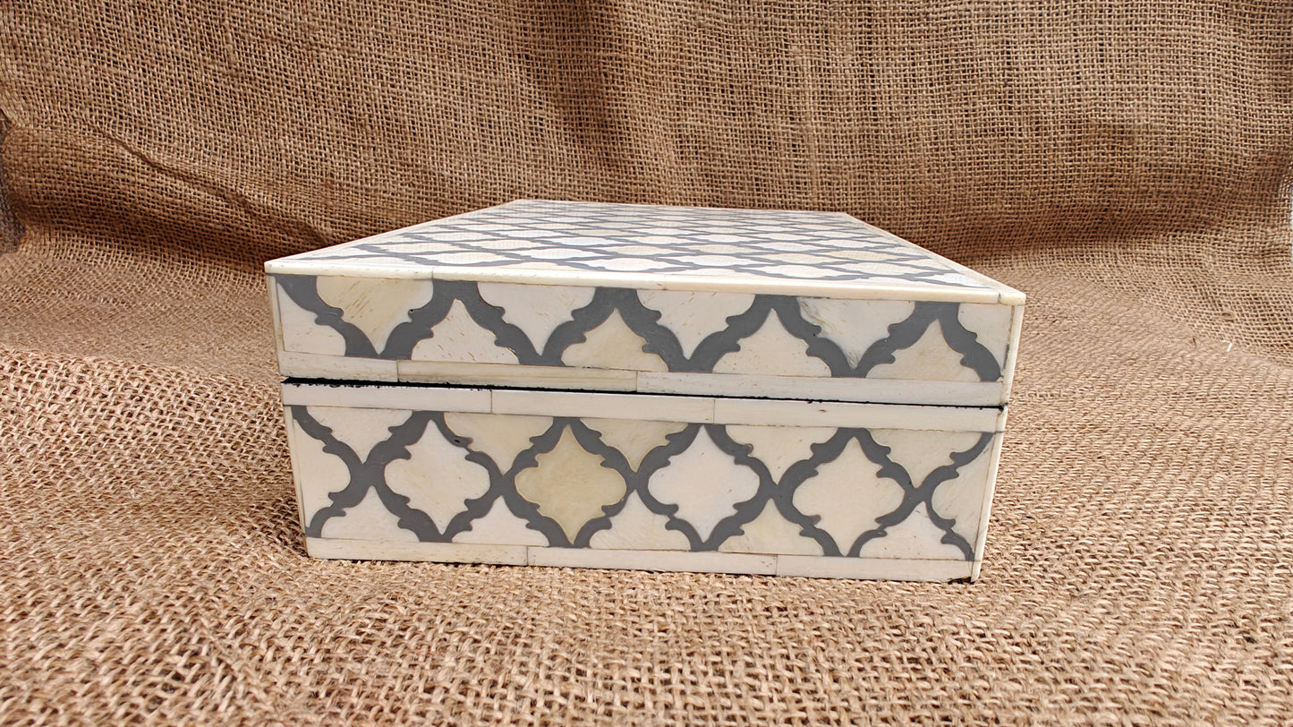 Bone Inlay Mughal Design Box | Grey Resin | Handcrafted Jewellery & Keepsake Box | 12x7 inch