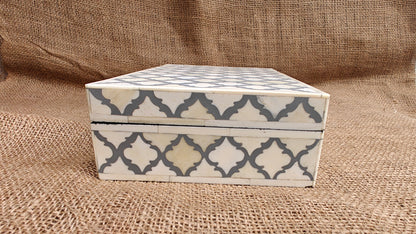 Bone Inlay Mughal Design Box | Grey Resin | Handcrafted Jewellery & Keepsake Box | 12x7 inch