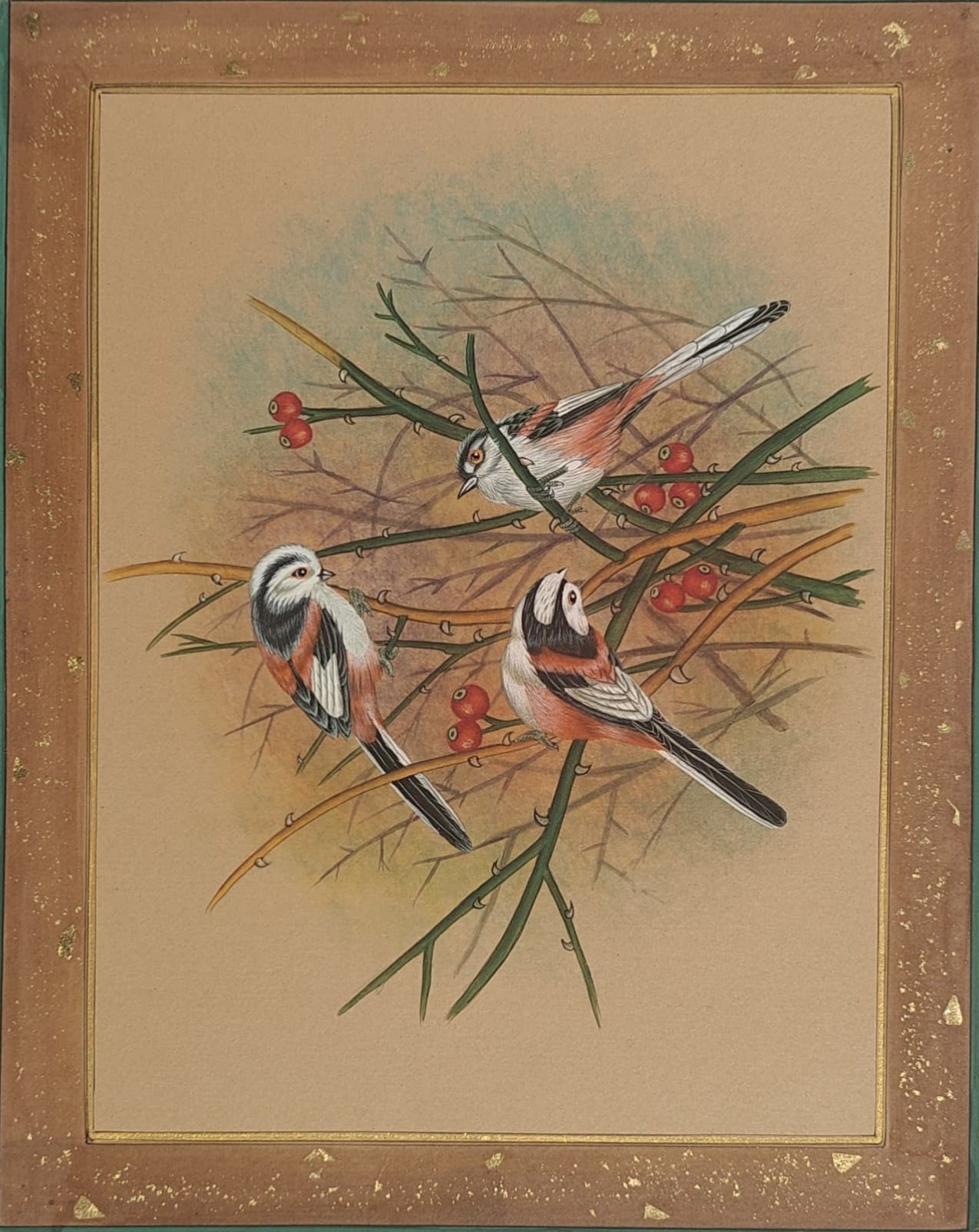 Mughal Miniature Bird Painting | Trio of Birds with Red Berries | Hand-Painted | 11x14 inch