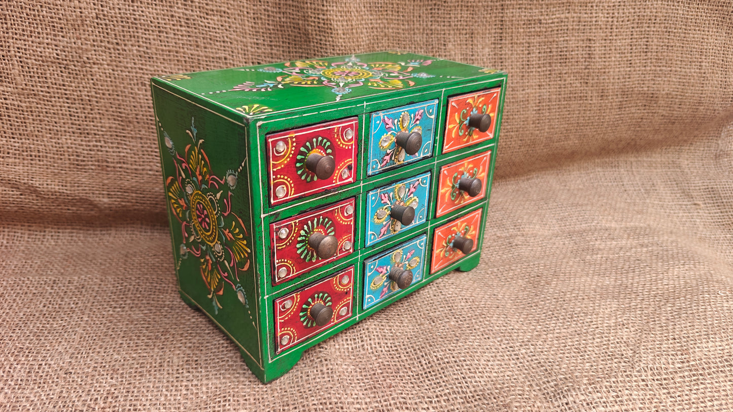 Handcrafted Painted Wood Chest with 9 Drawers | Multicolour | Large Decorative Storage
