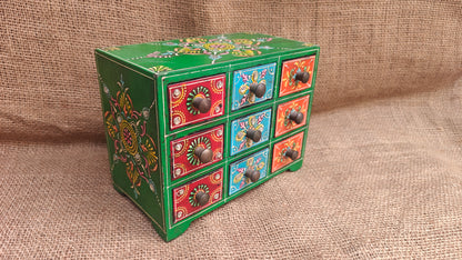 Handcrafted Painted Wood Chest with 9 Drawers | Multicolour | Large Decorative Storage