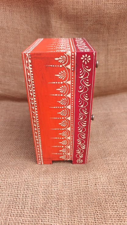 Handcrafted Wood Decorative Storage Box 6 drawers | Red Purple Multicolour Pattern | 6.25x4.25x8.5 inch