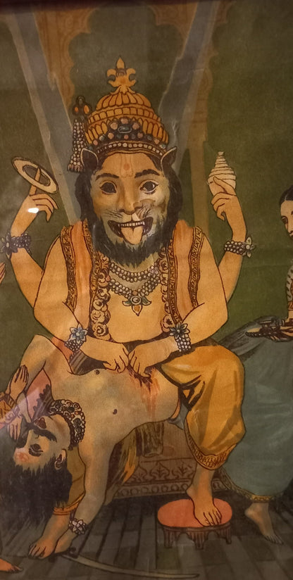 Vintage Ravi Varma Press Lithograph: Lord Narasimha Avatar (Framed)
