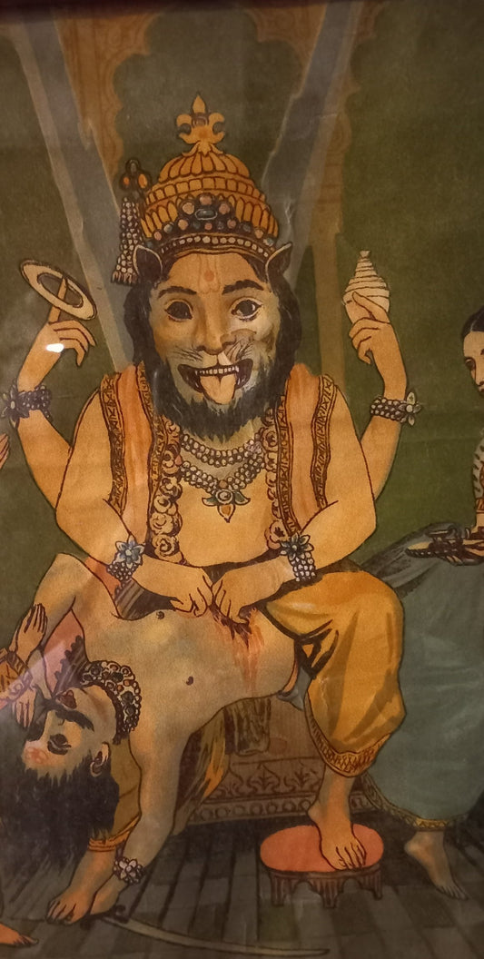 Vintage Ravi Varma Press Lithograph: Lord Narasimha Avatar (Framed)