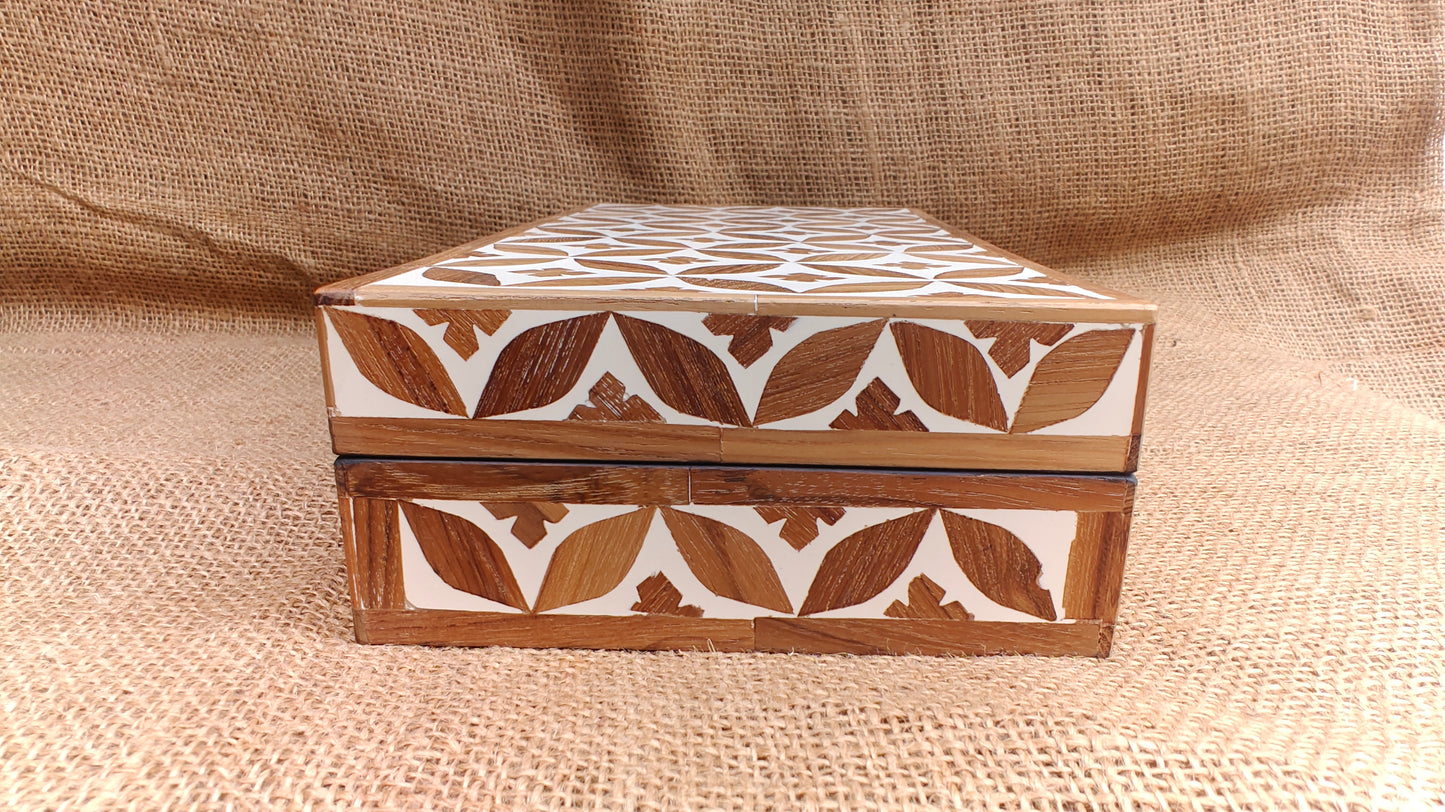 Teak Wood Inlay Geometric Box | White Resin | Handcrafted Decorative Box | 12x6 inch