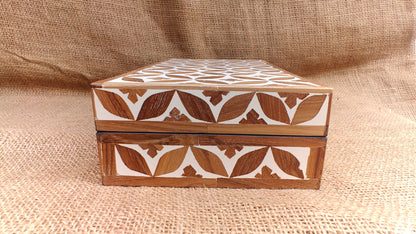 Teak Wood Inlay Geometric Box | White Resin | Handcrafted Decorative Box | 12x6 inch