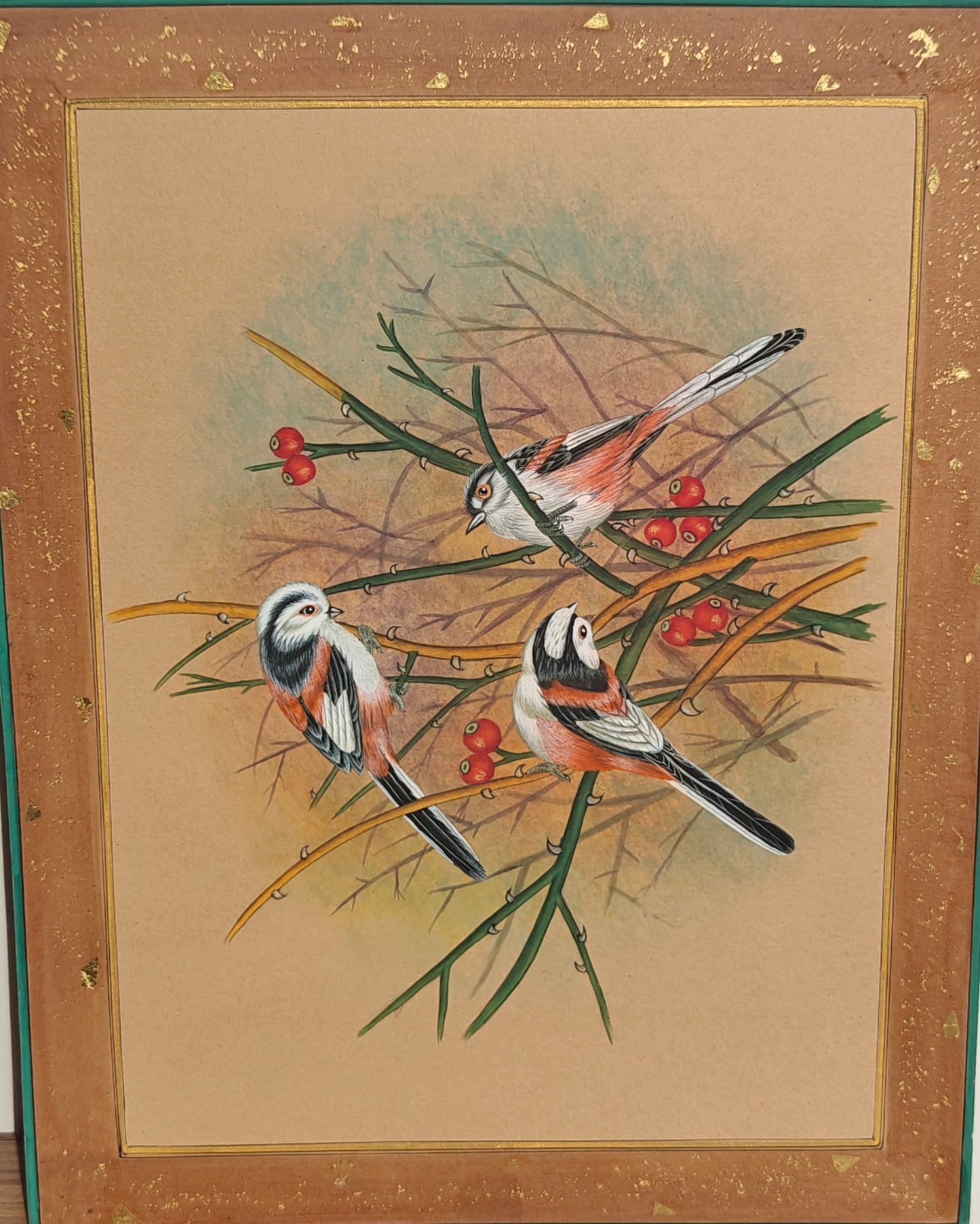 Mughal Miniature Bird Painting | Trio of Birds with Red Berries | Hand-Painted | 11x14 inch