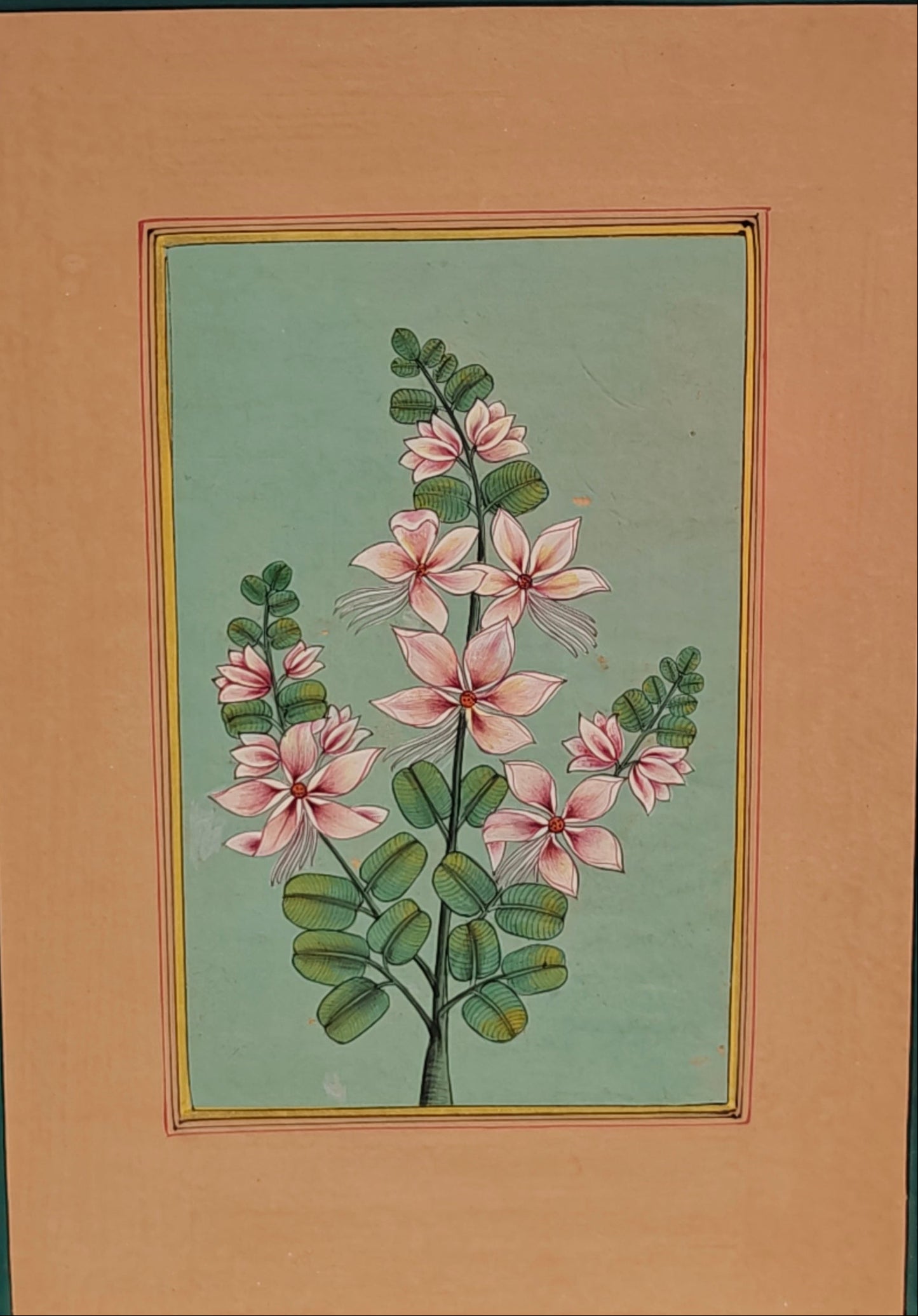 Hand-Painted Floral Miniature Painting | Pink Blossoms & Green Foliage | Pastel | 6x9 inch
