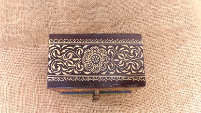 Handcrafted Painted Wood Chest with 2 Drawers | Brown Red Green | Decorative Storage | 5x3x4 inch