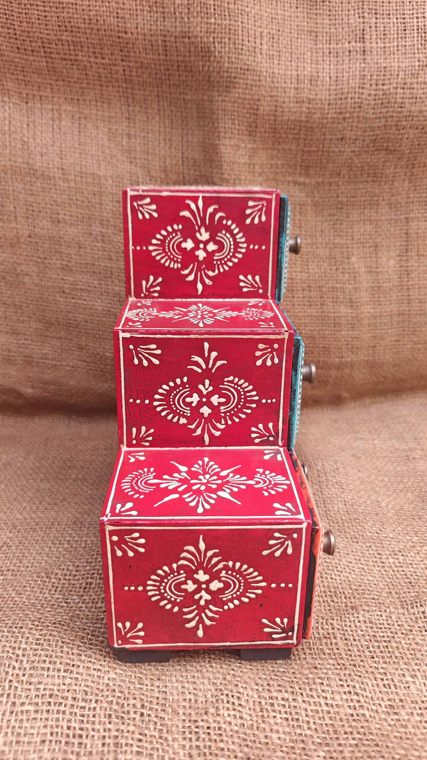 Handcrafted Painted Wood Step Ladder Chest | 6 Drawers | Multicolour Indian Folk Art