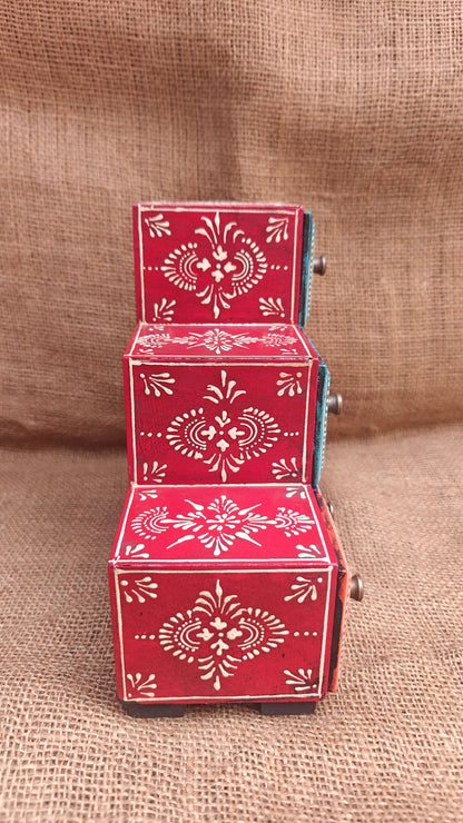 Handcrafted Painted Wood Step Ladder Chest | 6 Drawers | Multicolour Indian Folk Art
