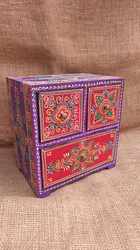 Handcrafted Painted Wood Chest with 3 Drawers | Red & Purple | Decorative Storage