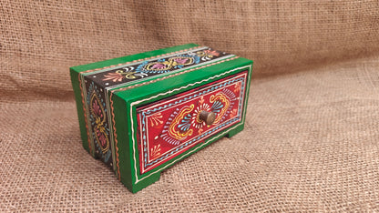 Handcrafted Painted Wood Chest with 1 Drawer | Red & Green | Decorative Storage