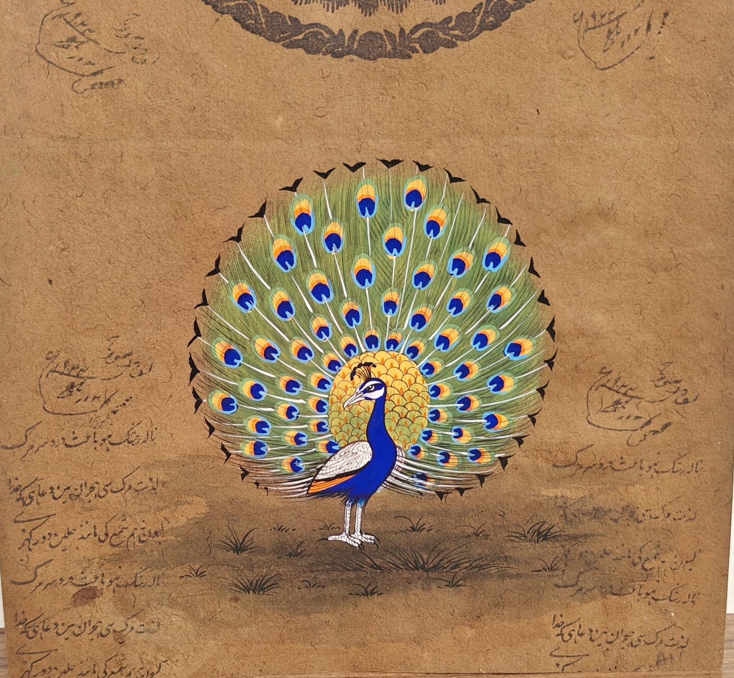 Vintage Peacock Art on Antique Stamp Paper | Blue Green Gold | Heritage Archival Art | 8.5x12.5 inch