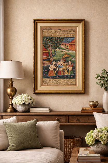 Mughal Miniature Royal Garden Scene | Noble Figure with Lotus Pond & Gold Leaf | 7.75x12 inch