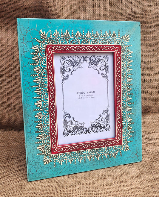 Handcrafted Indian Folk Art Photo Frame | Blue & Red Multicolour | 5x7 inch