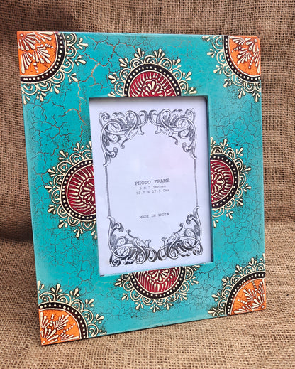 Handcrafted Indian Folk Art Photo Frame | Blue Multicolour | 5x7 inch