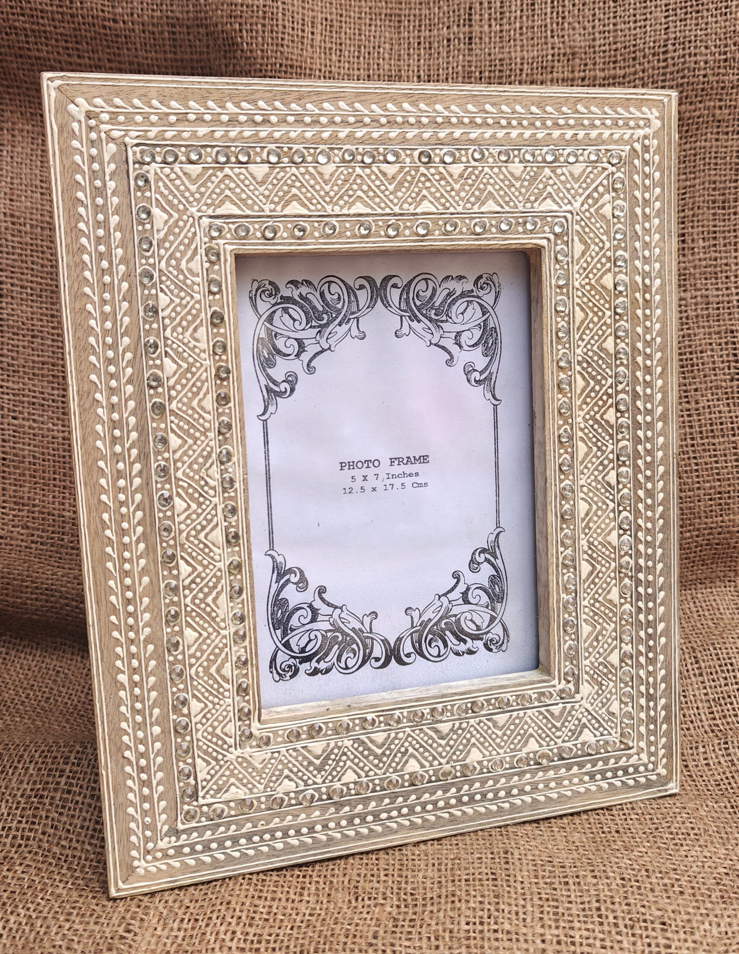 Handcrafted Indian Folk Art Photo Frame | White with Stone Embellishments | 5x7 inch