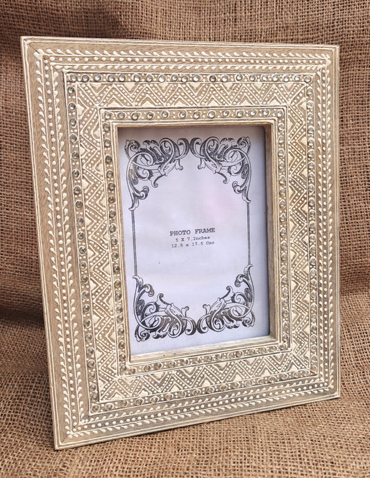 Handcrafted Indian Folk Art Photo Frame | White with Stone Embellishments | 5x7 inch