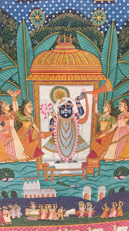 Kamal Talai Pichwai Painting | Shrinathji in Sacred Grove with Lotus Pond | 36x48 inch