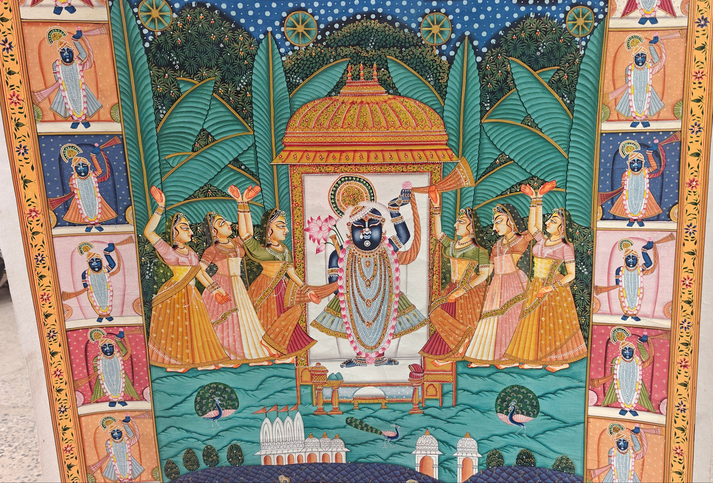Kamal Talai Pichwai Painting | Shrinathji in Sacred Grove with Lotus Pond | 36x48 inch