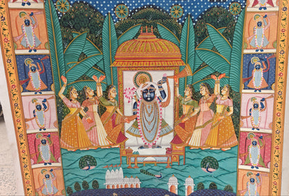 Kamal Talai Pichwai Painting | Shrinathji in Sacred Grove with Lotus Pond | 36x48 inch