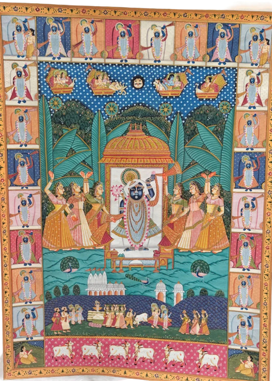Kamal Talai Pichwai Painting | Shrinathji in Sacred Grove with Lotus Pond | 36x48 inch
