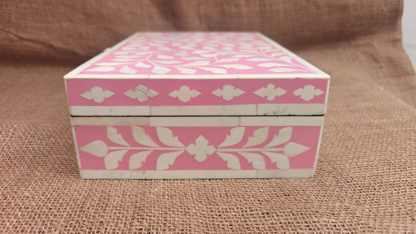 Bone Inlay Floral Box | Pink Resin | Handcrafted Jewellery & Keepsake Box | 10x7 inch