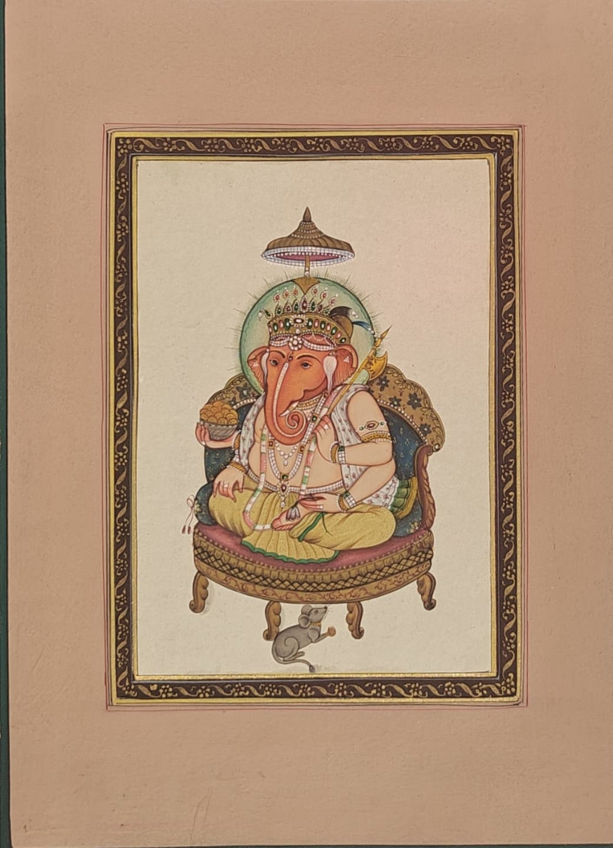 Hand-Painted Lord Ganesha Miniature Painting | Seated with Mouse & Ornaments | 8x10.5 inch